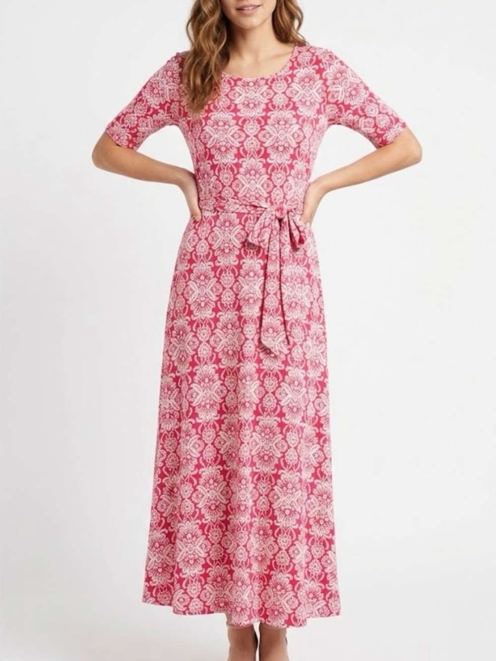 Nina Leonard Floral Red/White Stretchy Dress Sz Large Wedding Guest Shower Comfy